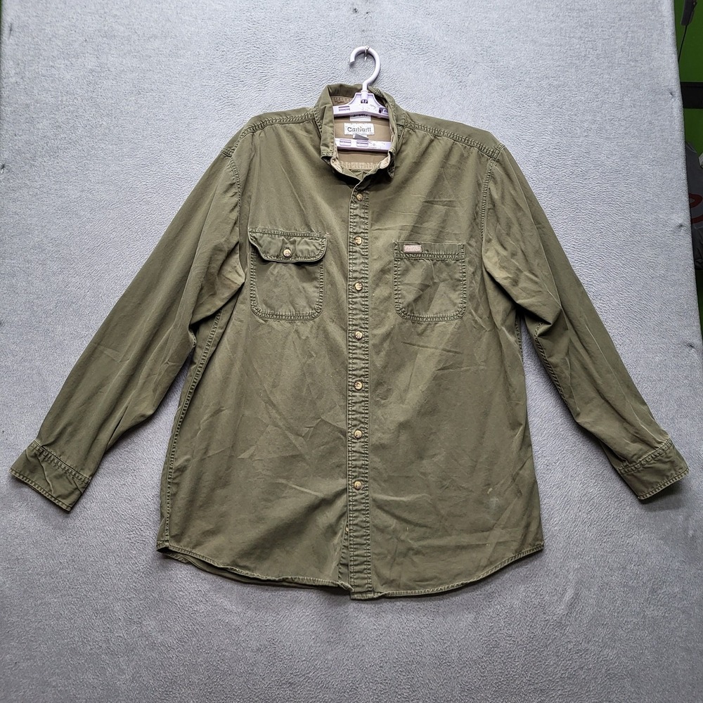 Carhartt Men Button Up Shirt L TALL Olive Utility Workshirt Long Sleeve Y2K READ
